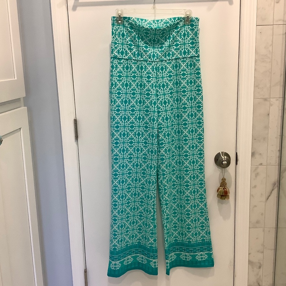 Cabana Life Teal Green Geometric Print high Waist Wide-Leg Pants Size M